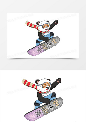 卡通手绘熊猫滑雪