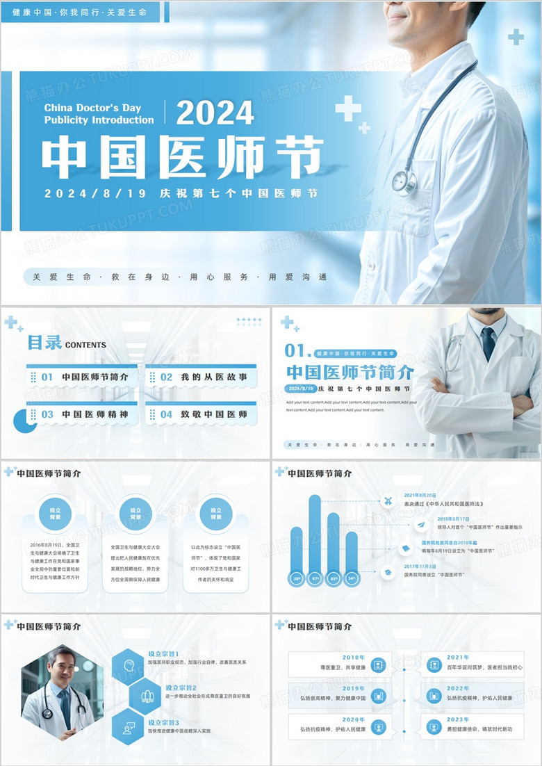 蓝色简约风中国医师节宣传介绍PPT模板