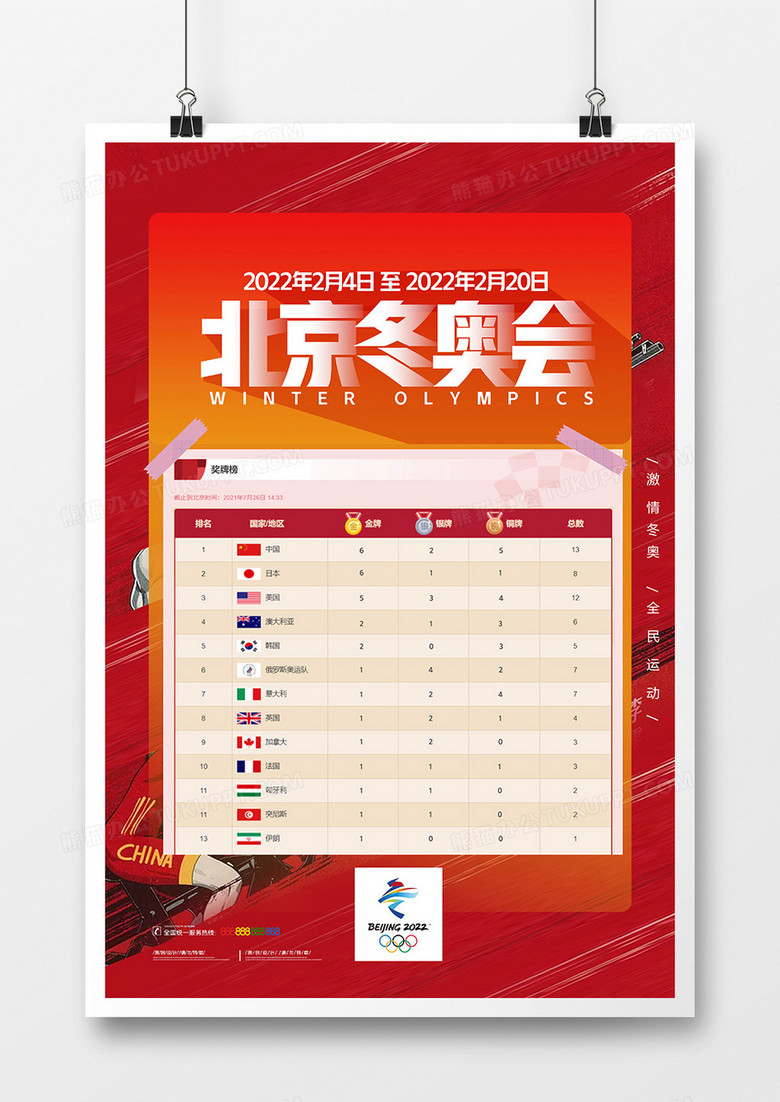 简约2022北京冬奥会奖牌排行榜海报