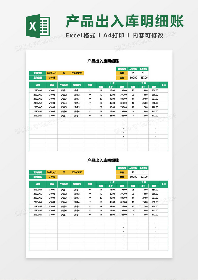 产品出入库明细账excel模板