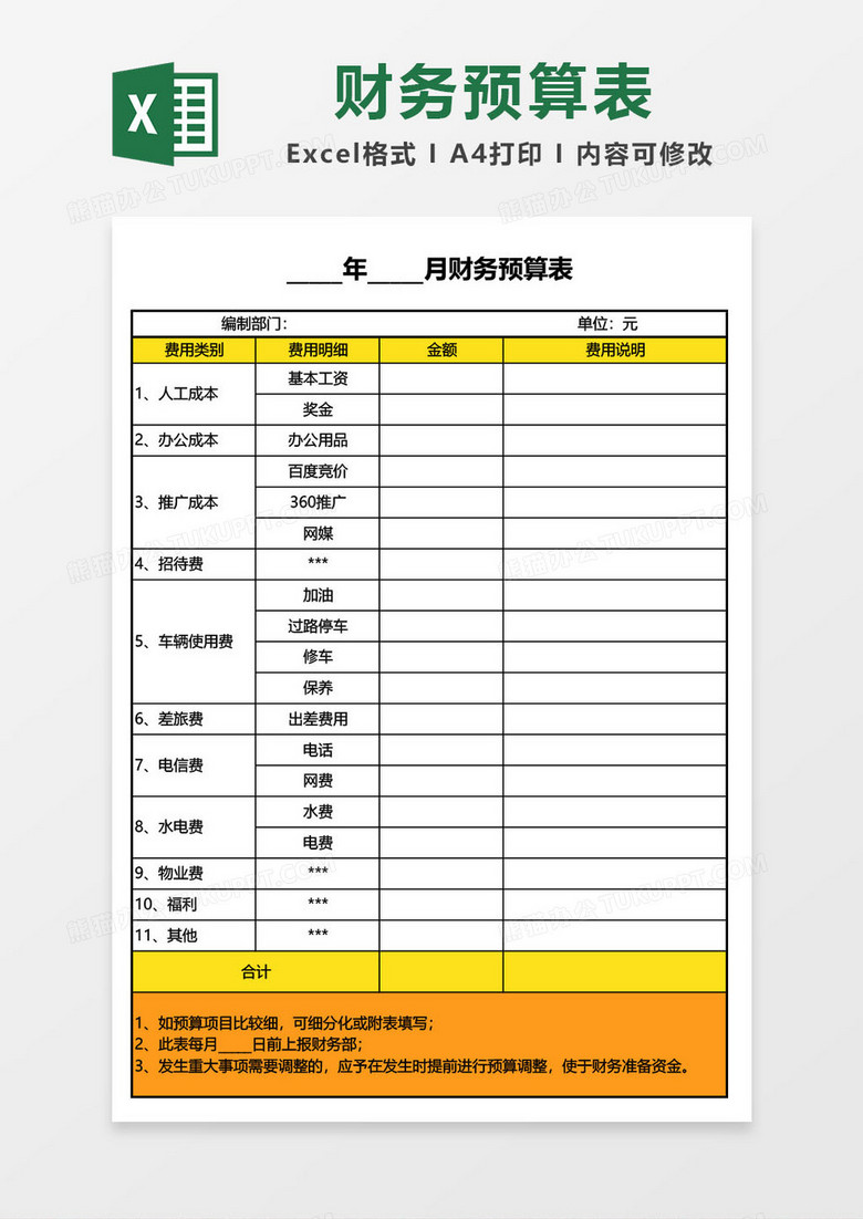 财务预算明细表excel模板