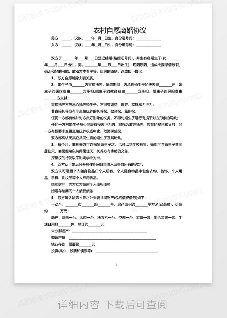 农村自愿离婚协议word模板no.2