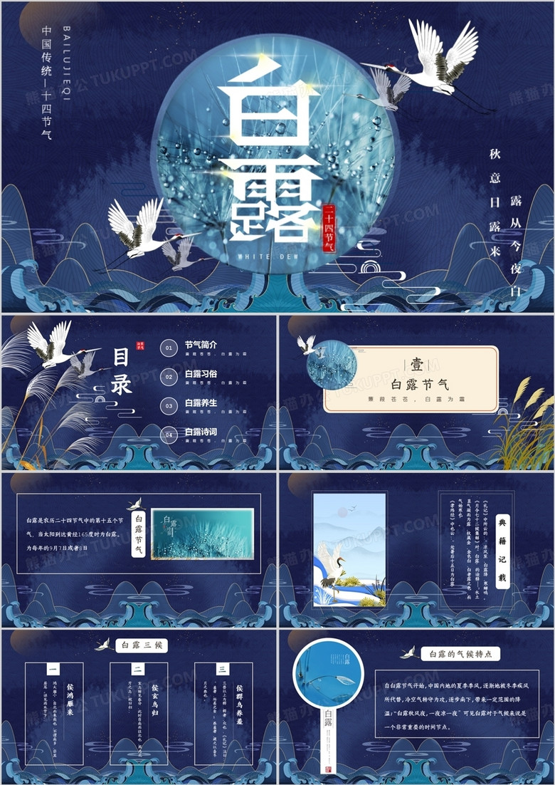 蓝色中国风二十四节气之白露PPT模板