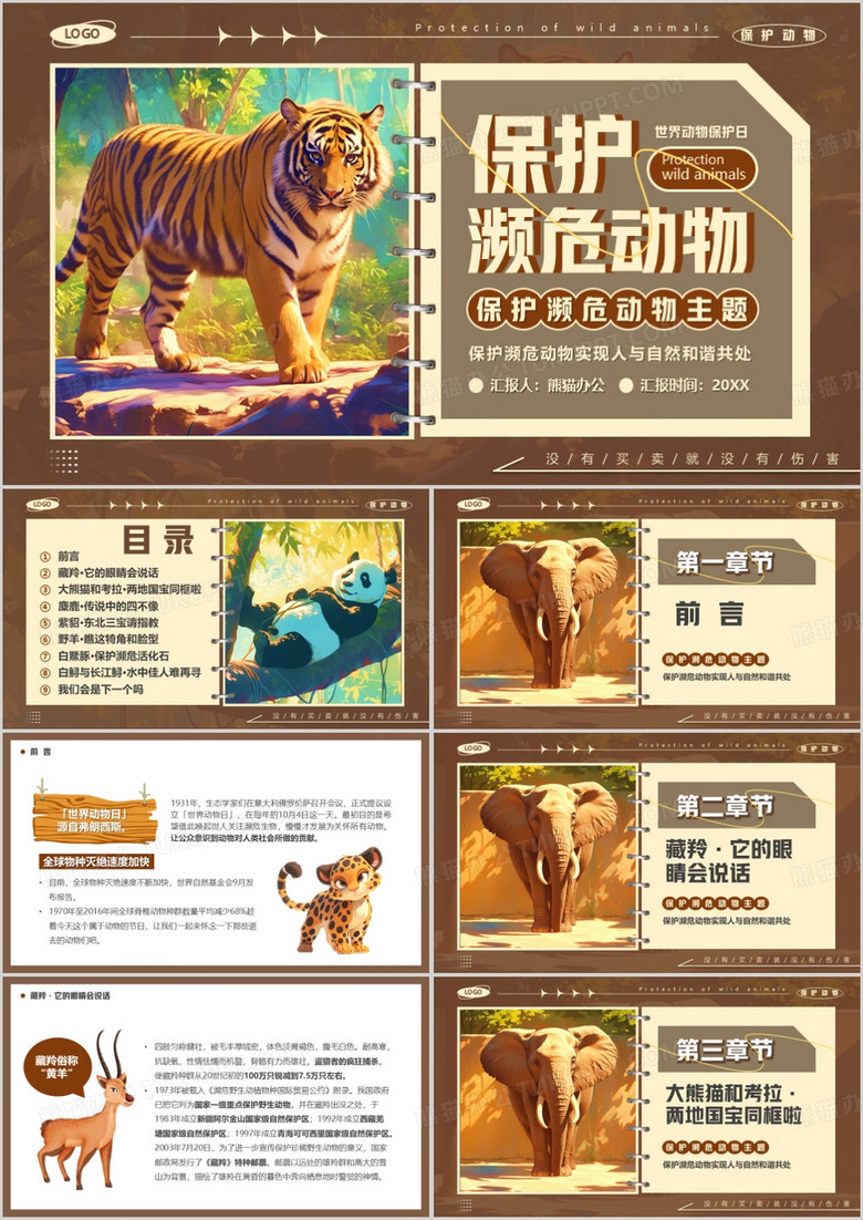 棕色卡通风保护濒危动物PPT模板