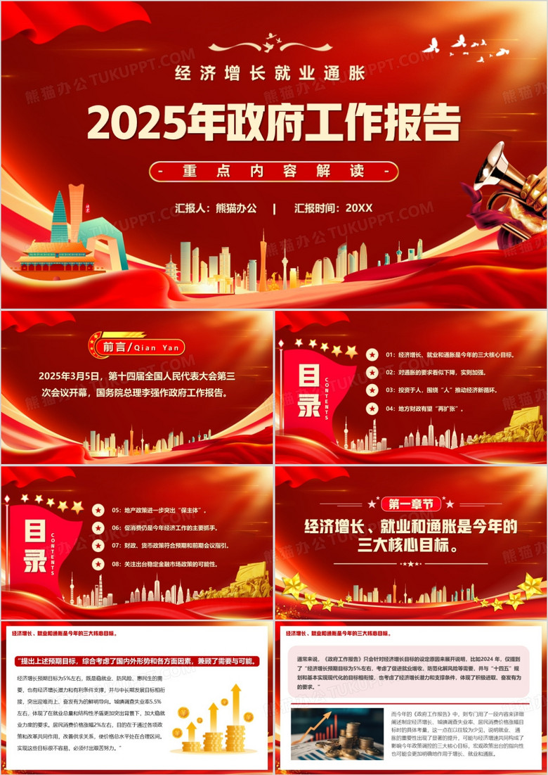 红色党政风2025政府工作报告解读PPT模板