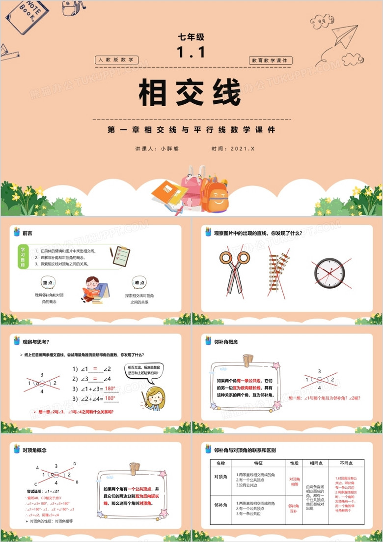 部编版七年级数学下册相交线课件PPT模板