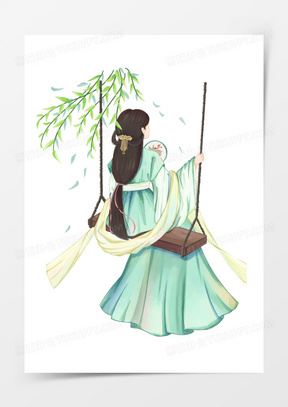 唯美仿水彩春天古代女子荡秋千背影素材