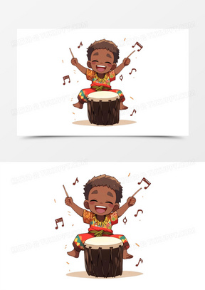 非洲男孩开心敲鼓免抠元素