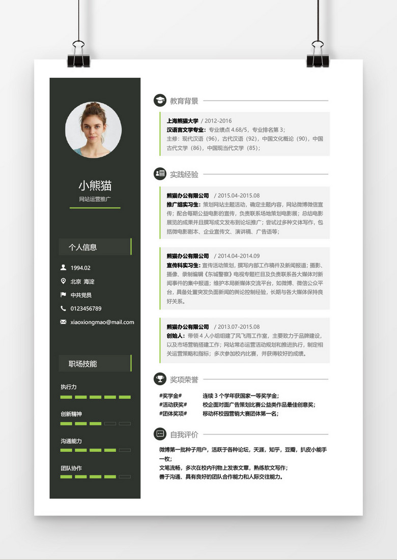 灰色网站运营个人求职简约简历word模板