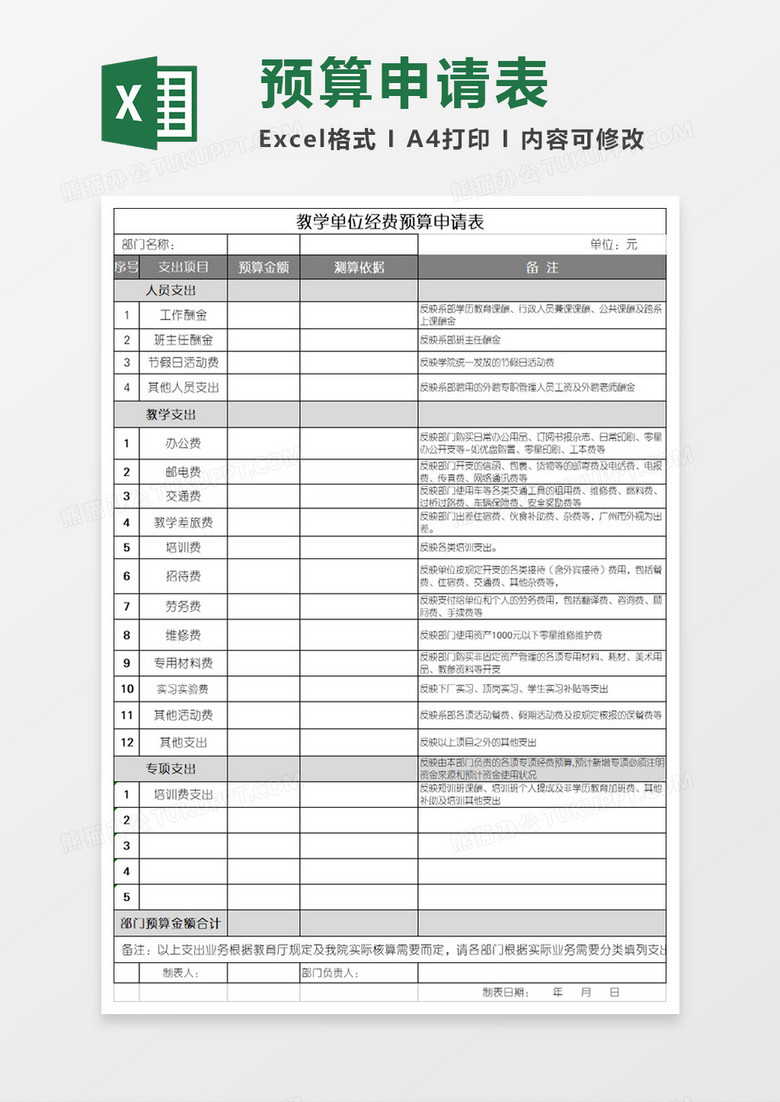教学单位经费预算申请Excel表