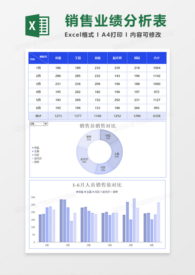 蓝色半年销售动态分析组合图excel模板