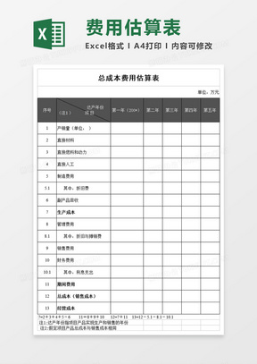 总成本费用估算表excel模板
