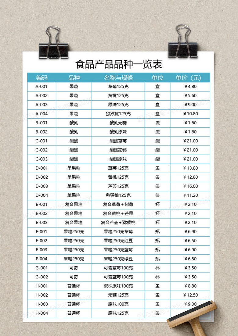 产品品种一览表excel模板no.