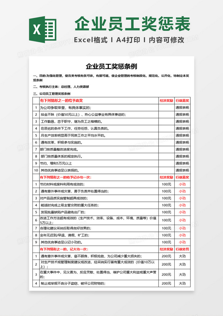 公司员工管理奖惩条例excel模板