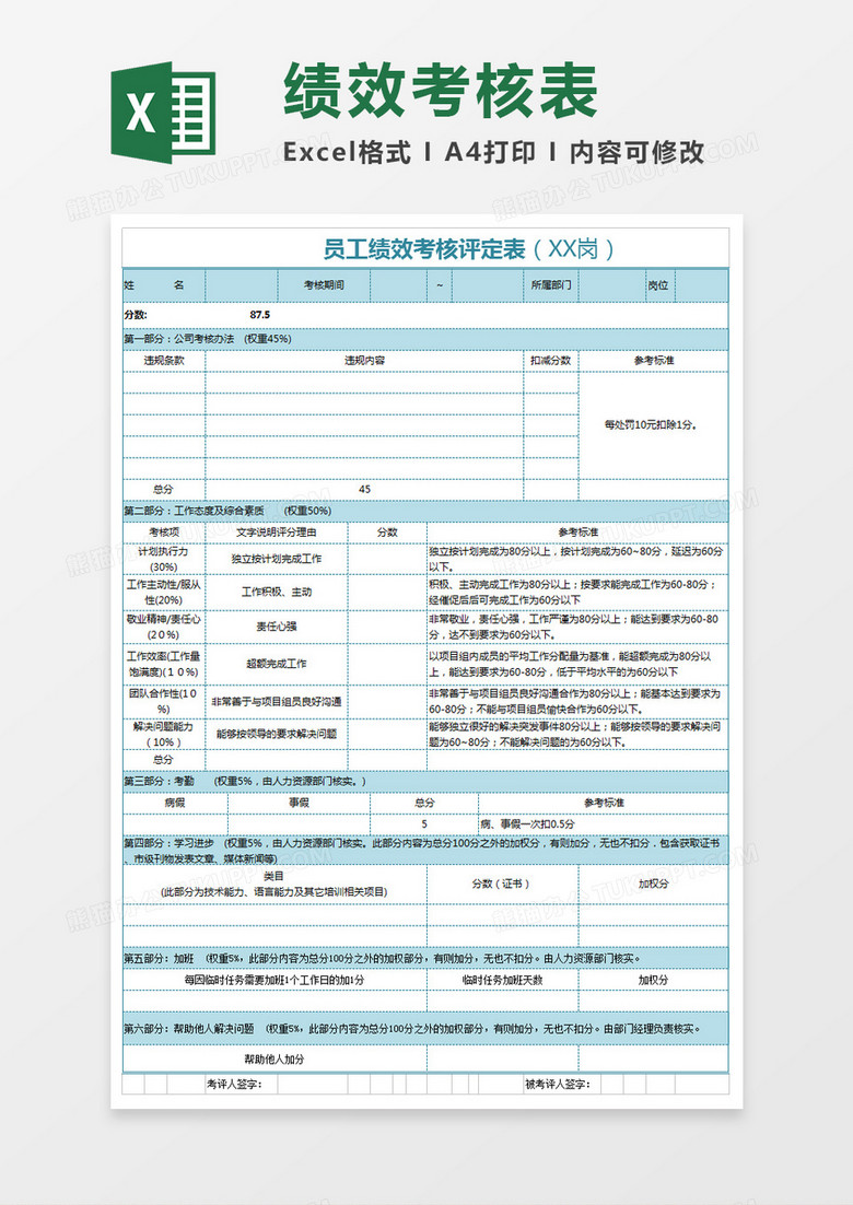 公司员工绩效考核表Excel模板