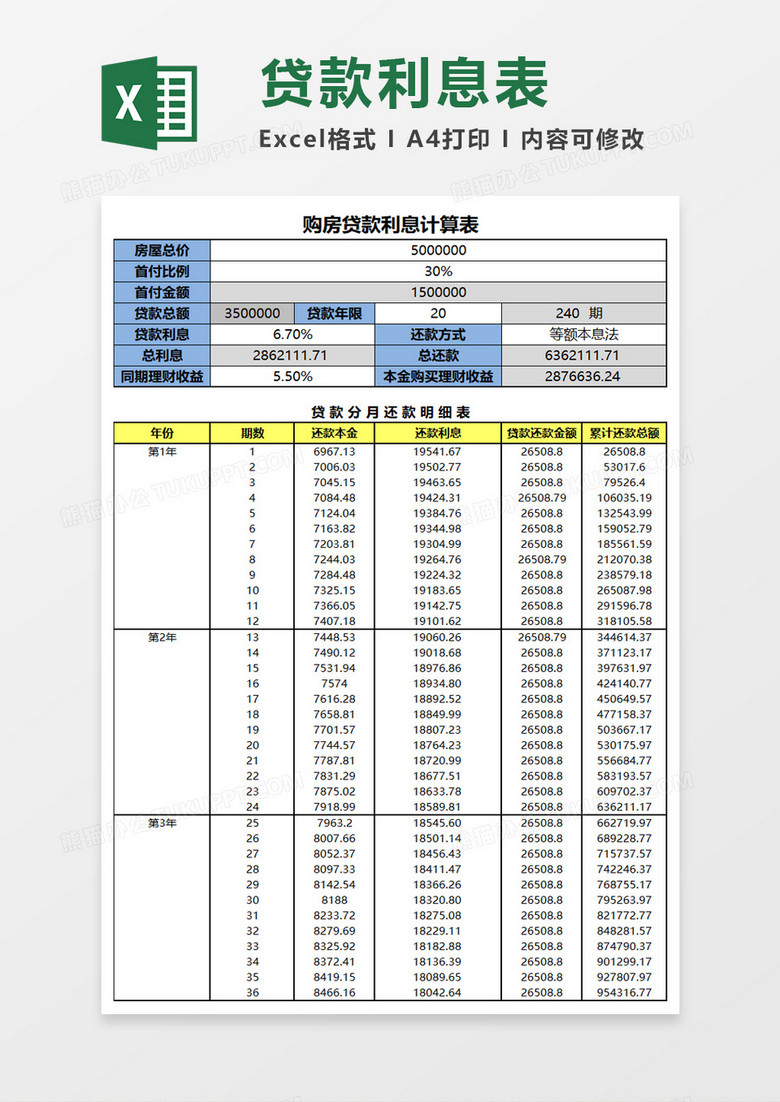 商务简约房贷利息计算表Excel模板