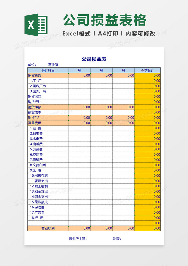 公司损益表excel模板