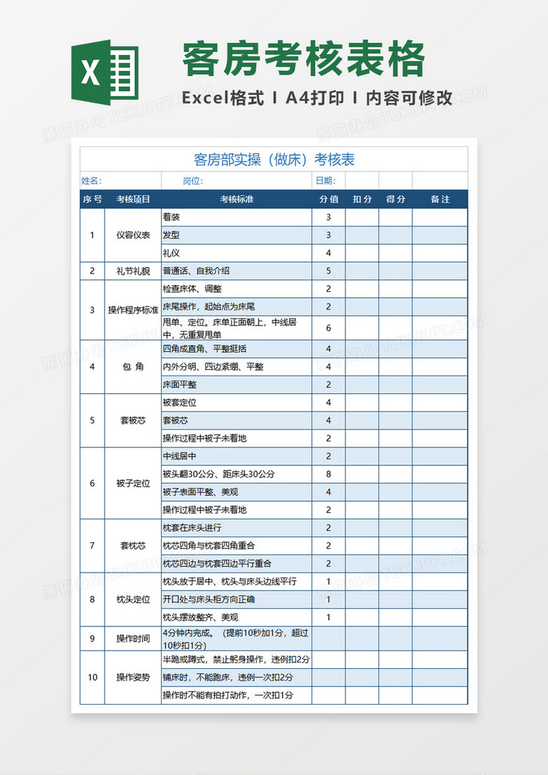 客房部实操(做床)考核表excel模板