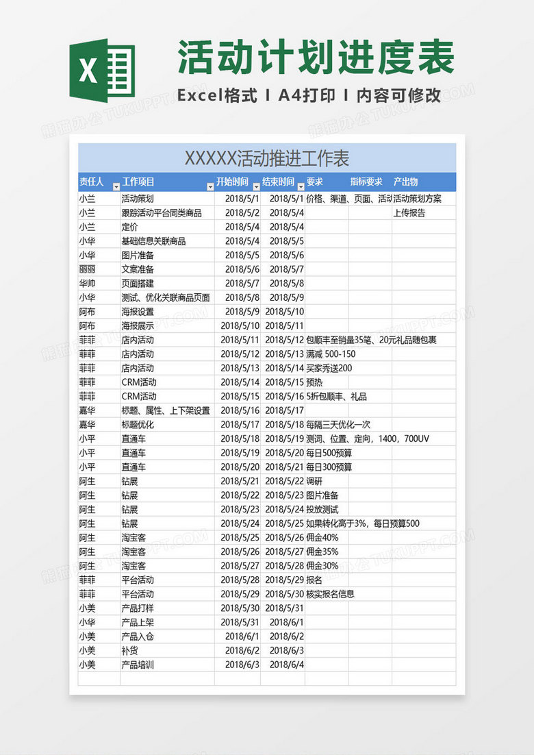活动推进工作表excel模板