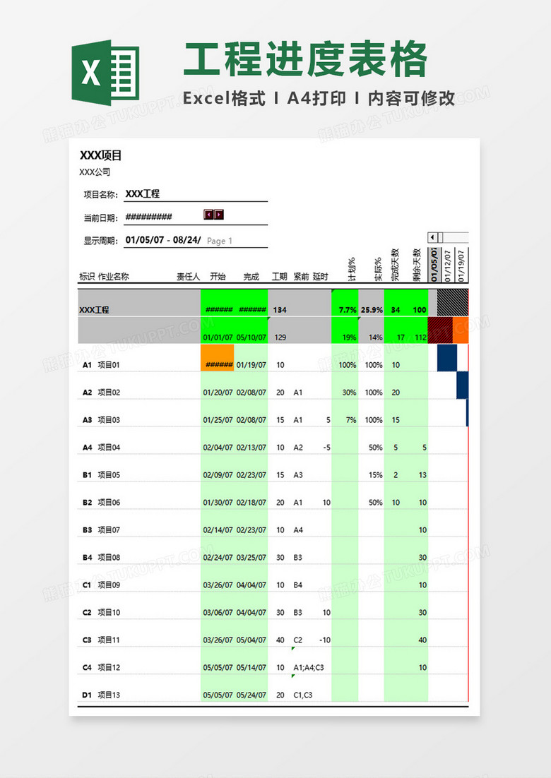 甘特图模板工程进度excel模板