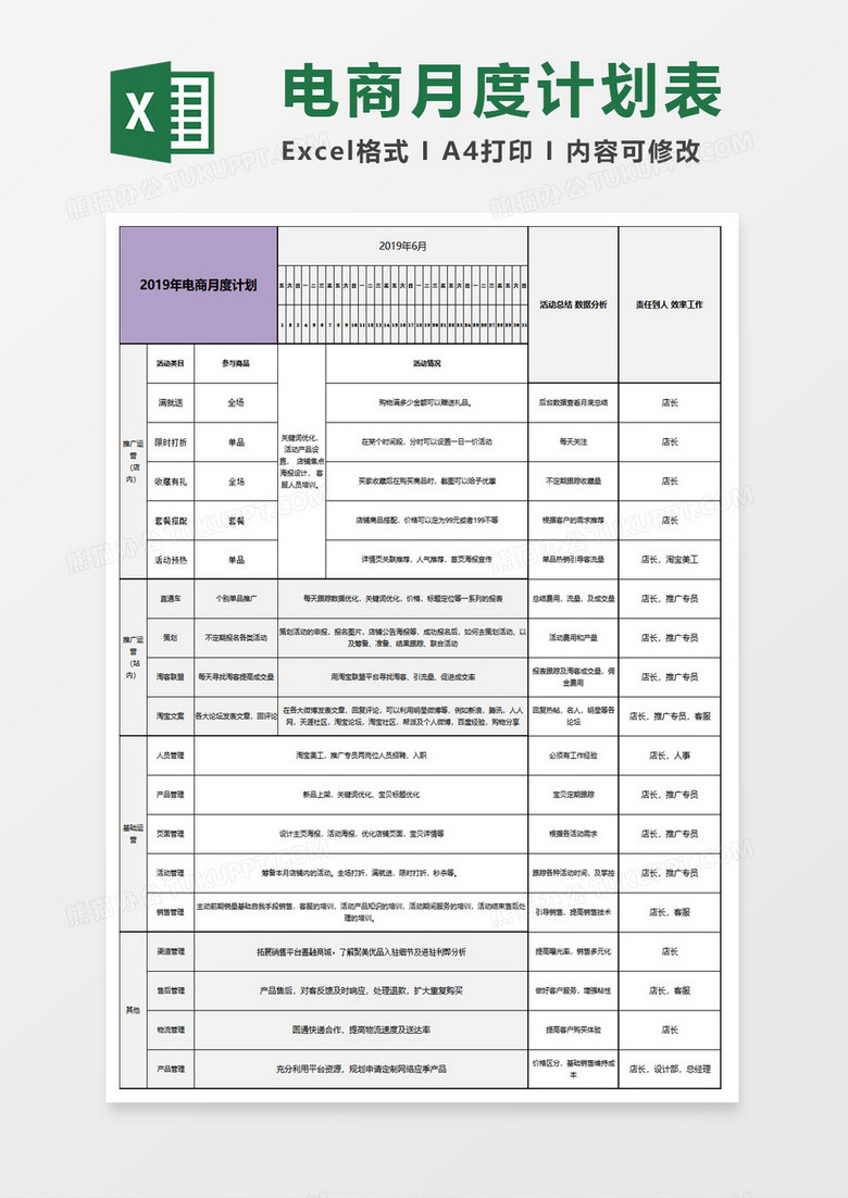 2019年电商月度计划excel模板