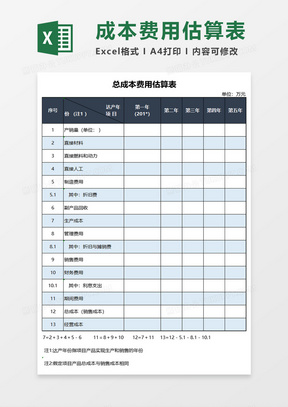 简约总成本费用估算表excel模板