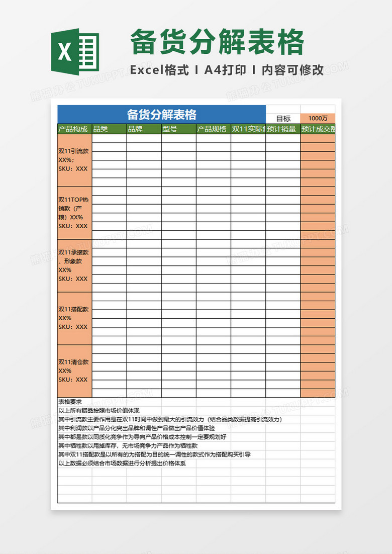电商备货分解表格excel模板
