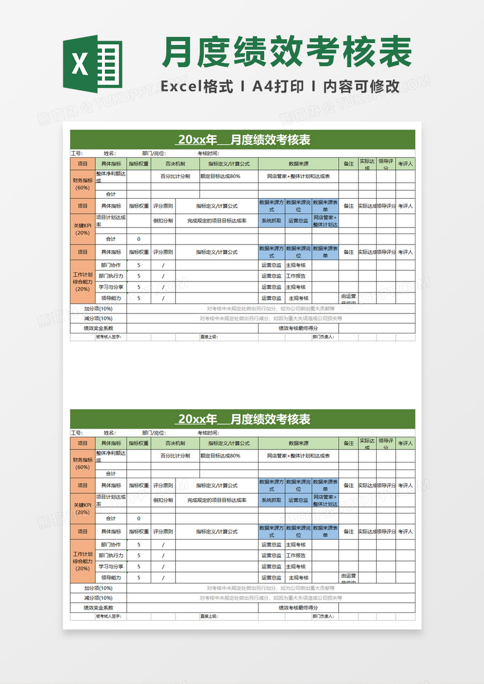 简洁月度绩效考核表excel模板下载 熊猫办公