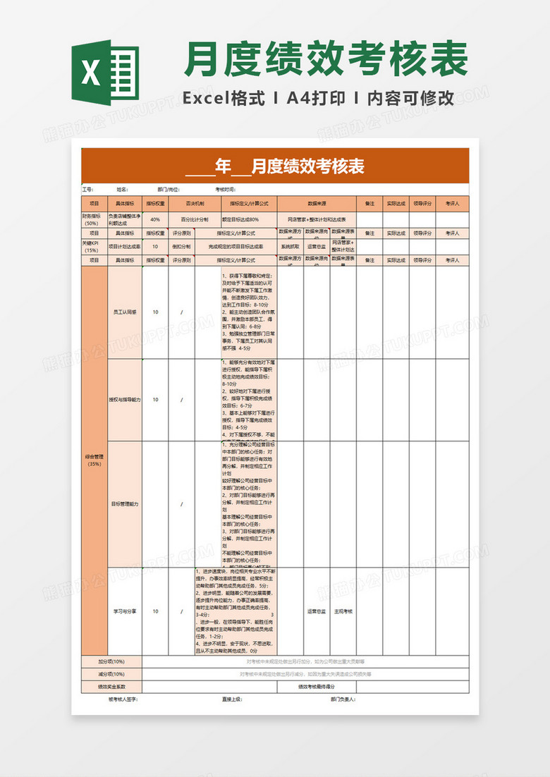 简单月度绩效考核表excel模板