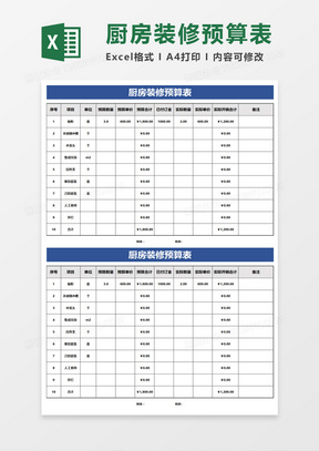 厨房装修预算表excel模板