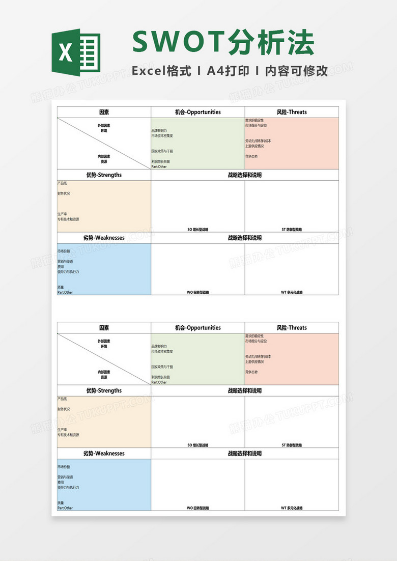 简洁swot分析法excel模板下载 Swot 熊猫办公