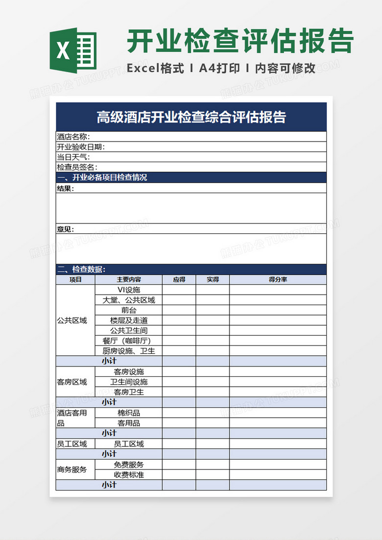 高级酒店开业检查综合评估报告excel模板