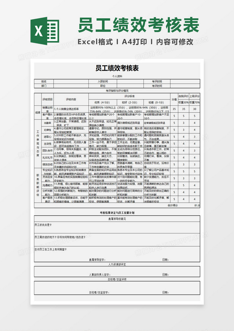 企业员工绩效考核表excel模板