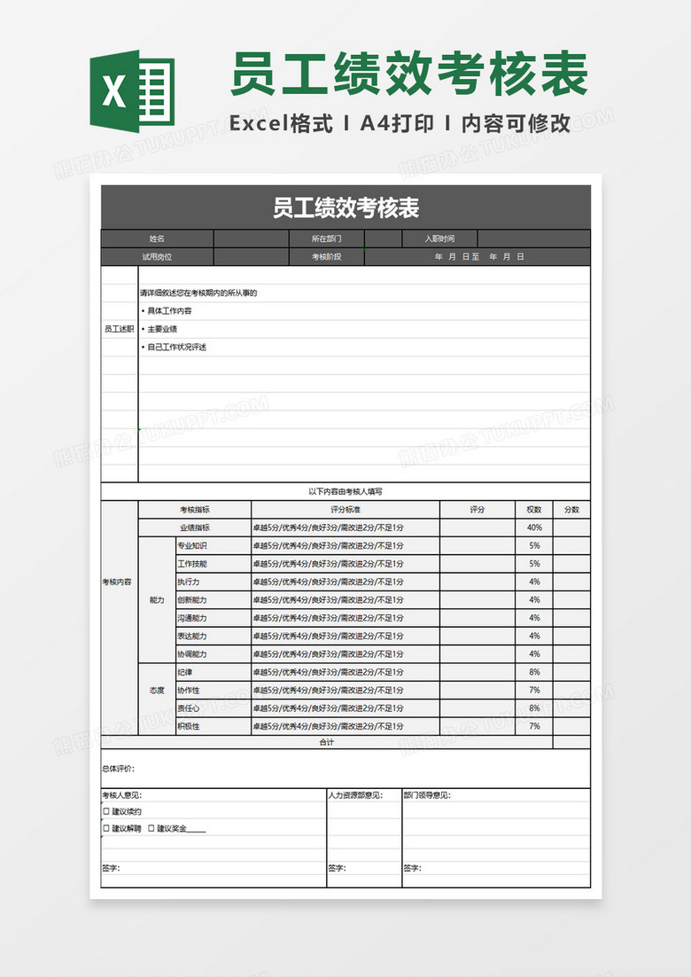 员工绩效考核表excrel模板