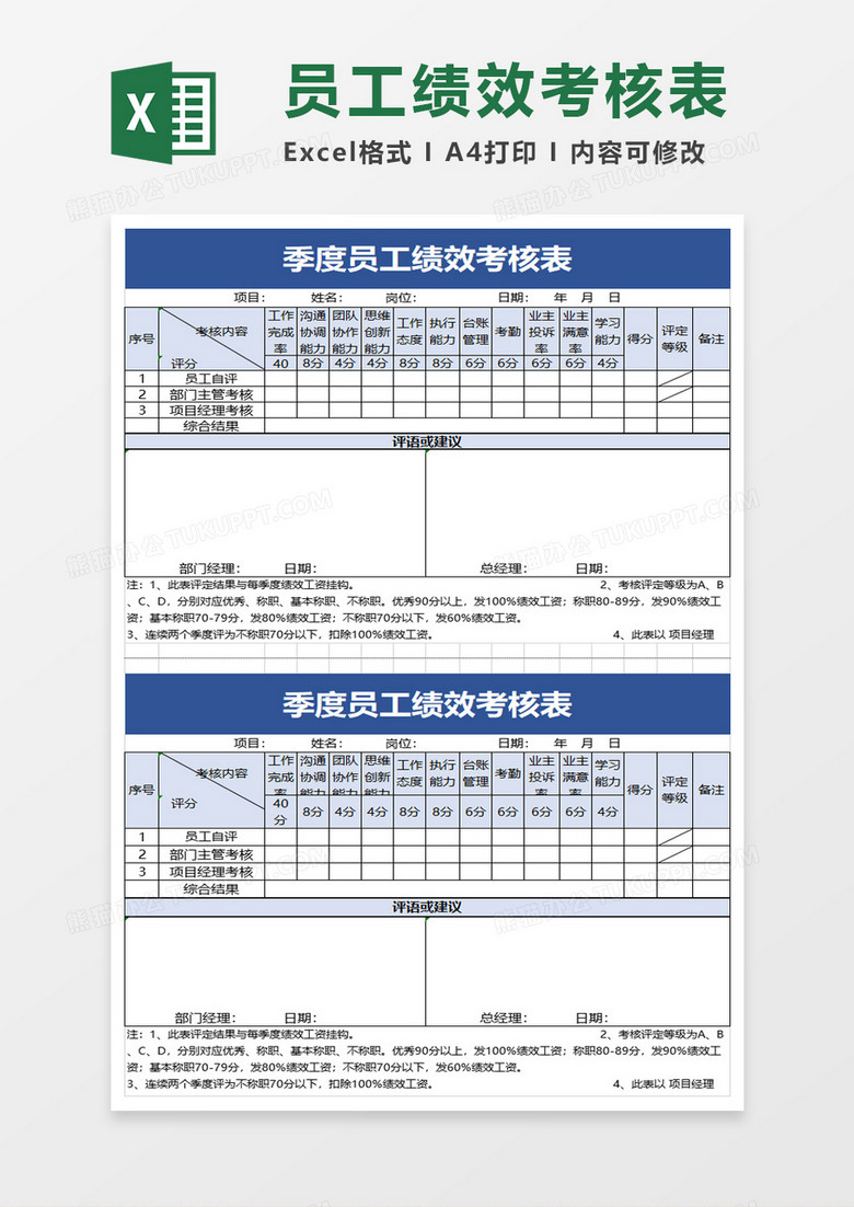 季度员工绩效考核表excel模板