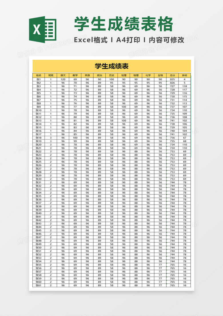 简单实用学生成绩表excel模板