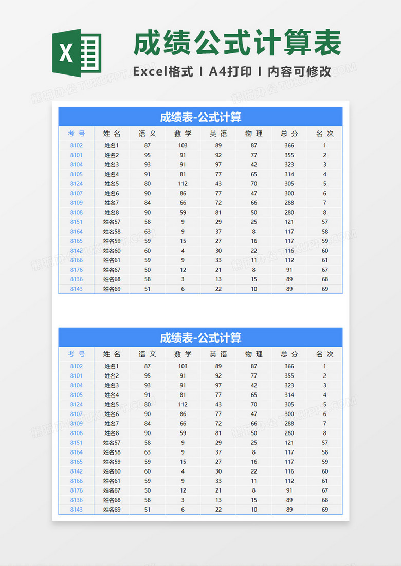 学生成绩表公式计算excel模板下载 学生成绩 熊猫办公 学生成绩表公式计算excel模板下载 学生成绩 熊猫办公