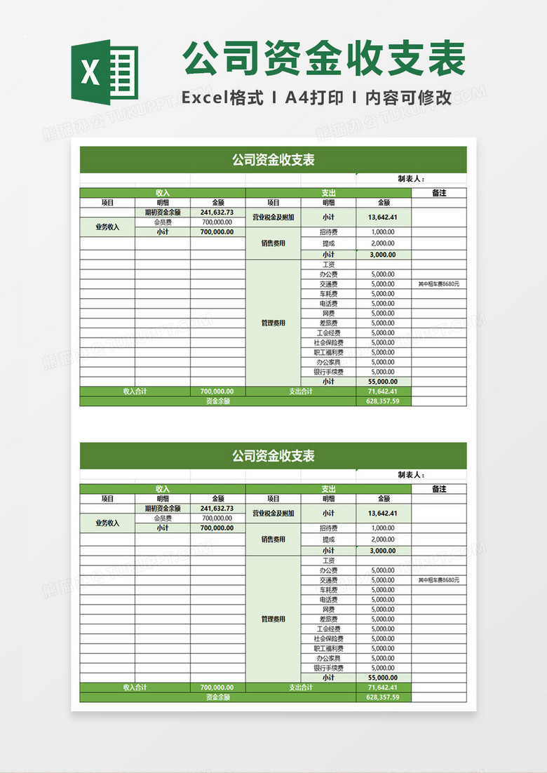 公司资金收支表excel模板