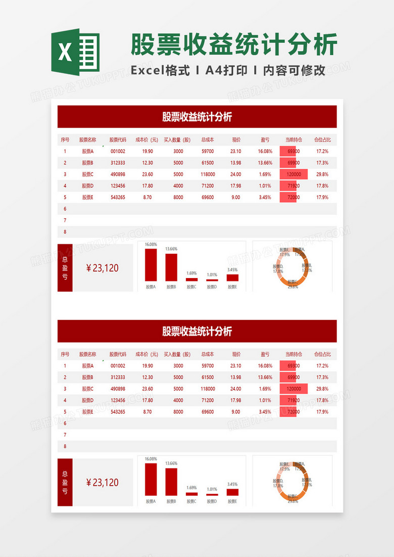 简洁股票收益统计分析execl模板