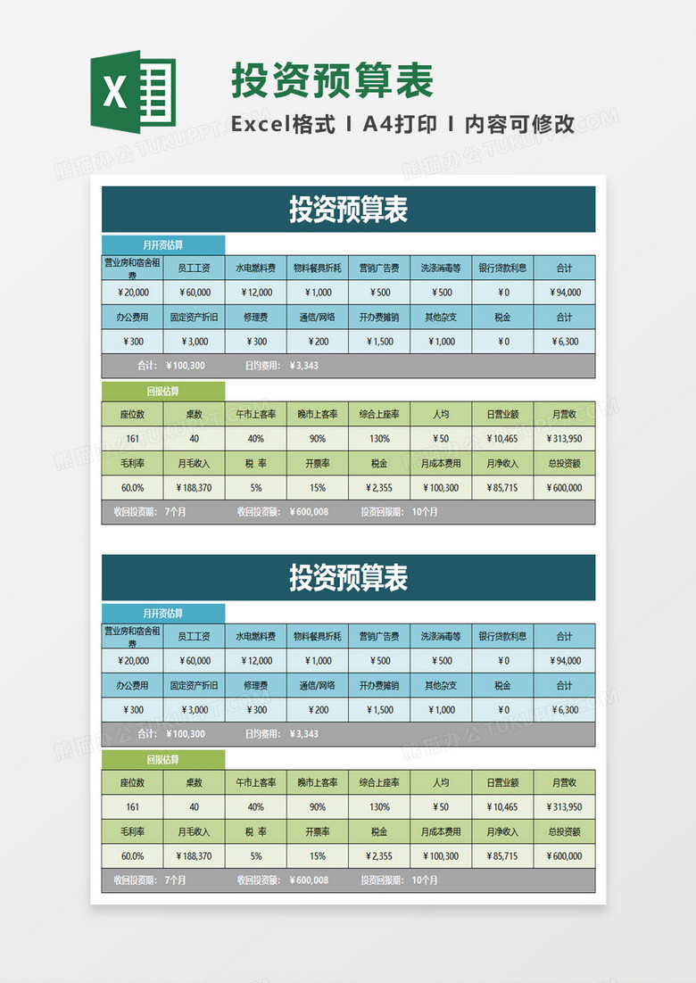 简洁投资预算表excel模板