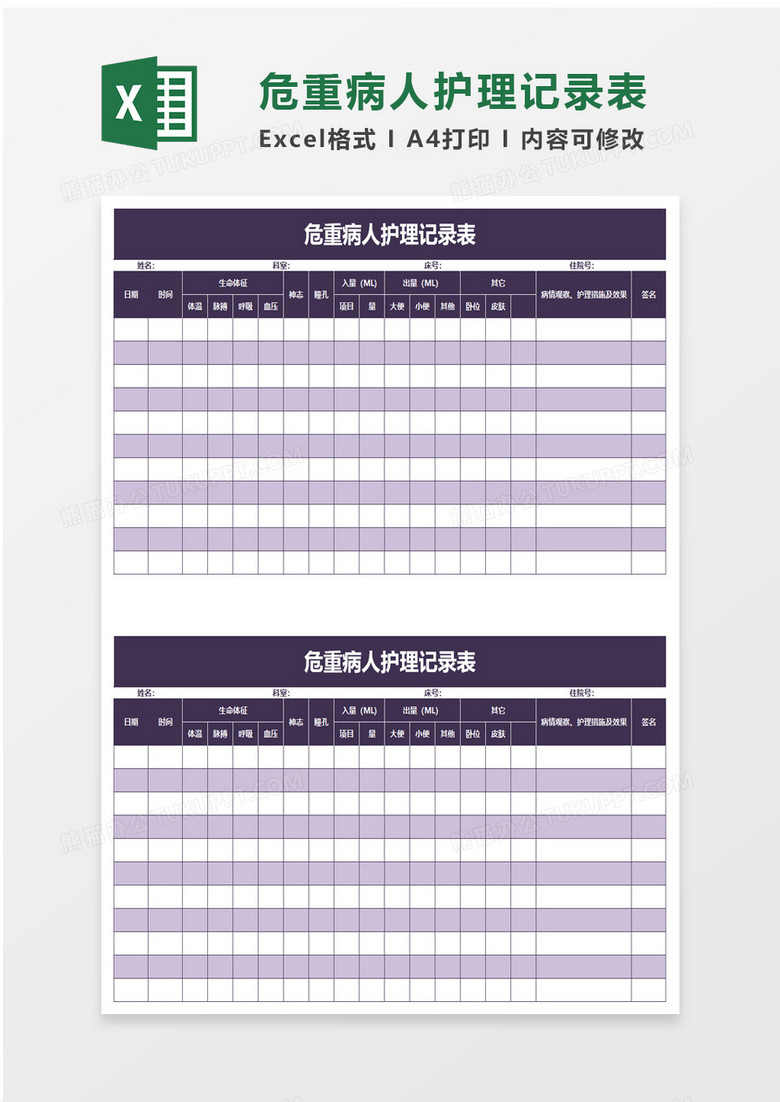 危重病人护理记录表excel模板