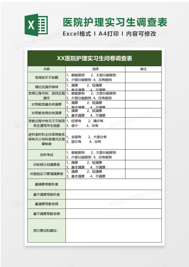 医院护理实习生问卷调查表excel模板