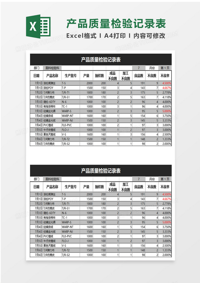 简洁简单产品质量检验记录表excel模板