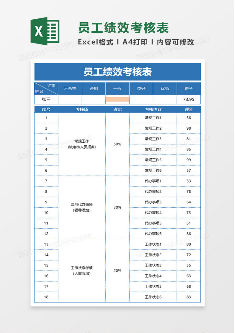 通用员工绩效考核表excel模板