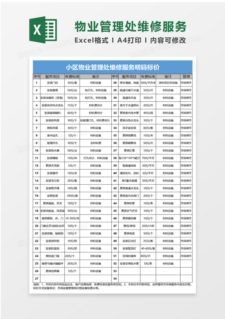 小区物业管理处维修服务明码标价excel模板