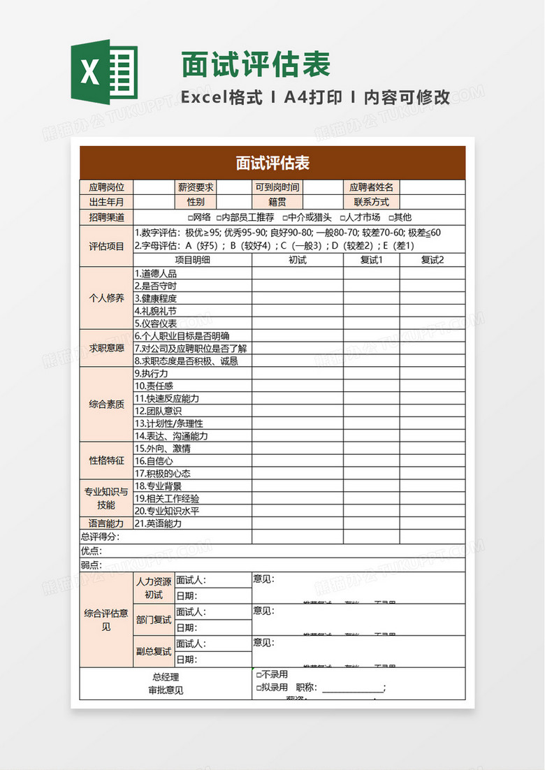 面试评估表excel模板