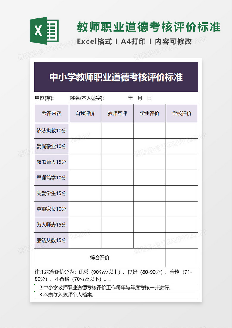 中小学教师职业道德考核评价标准excel模板