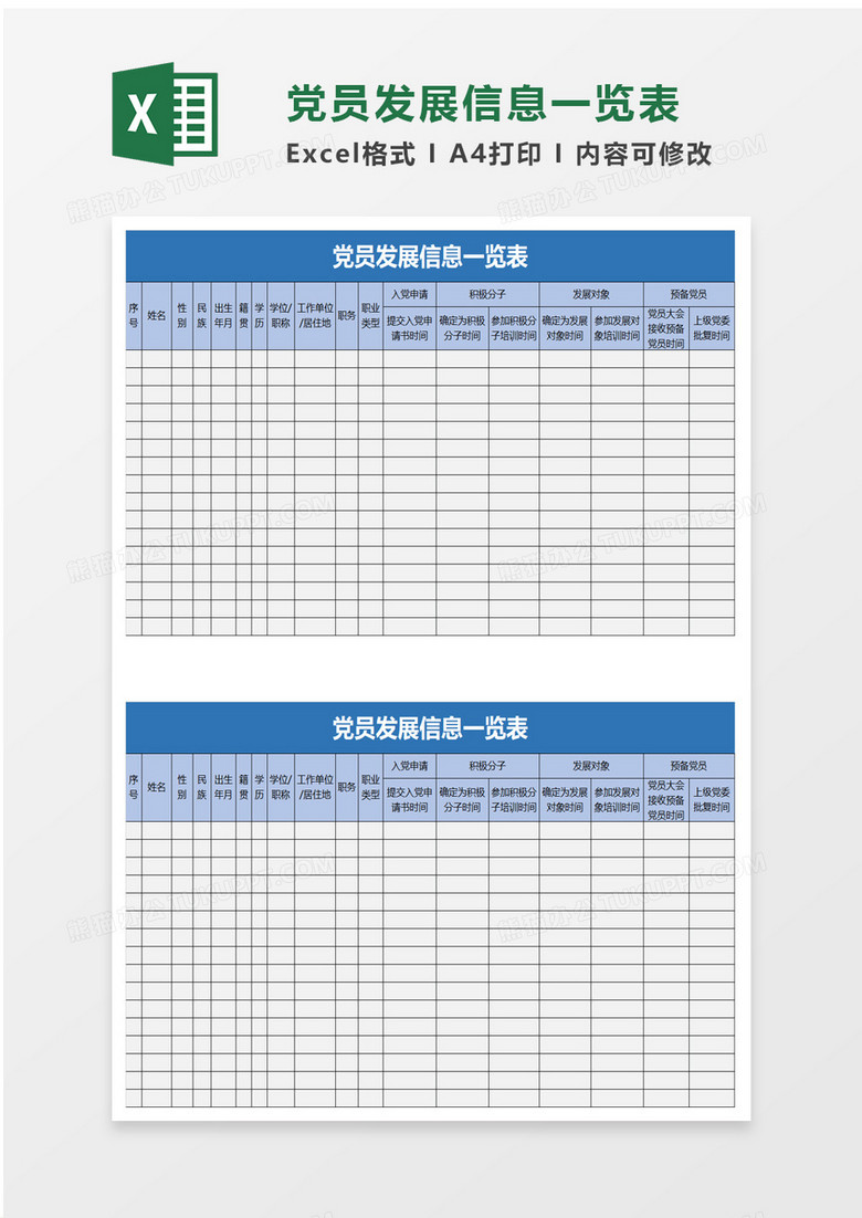 党员发展信息一览表excel模板