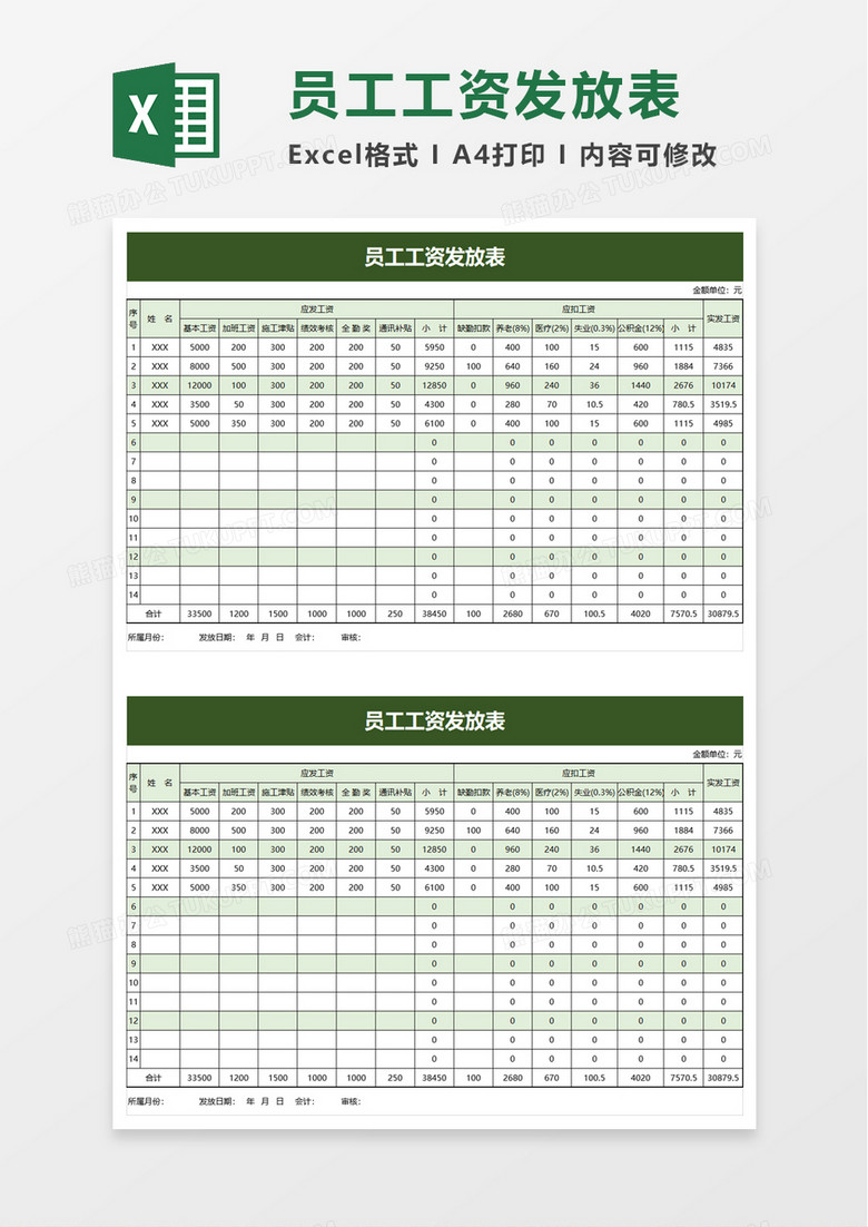 职工工资发放表excel模板