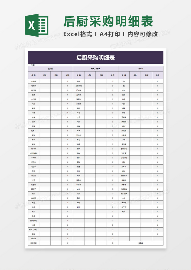 后厨采购明细表excel模板